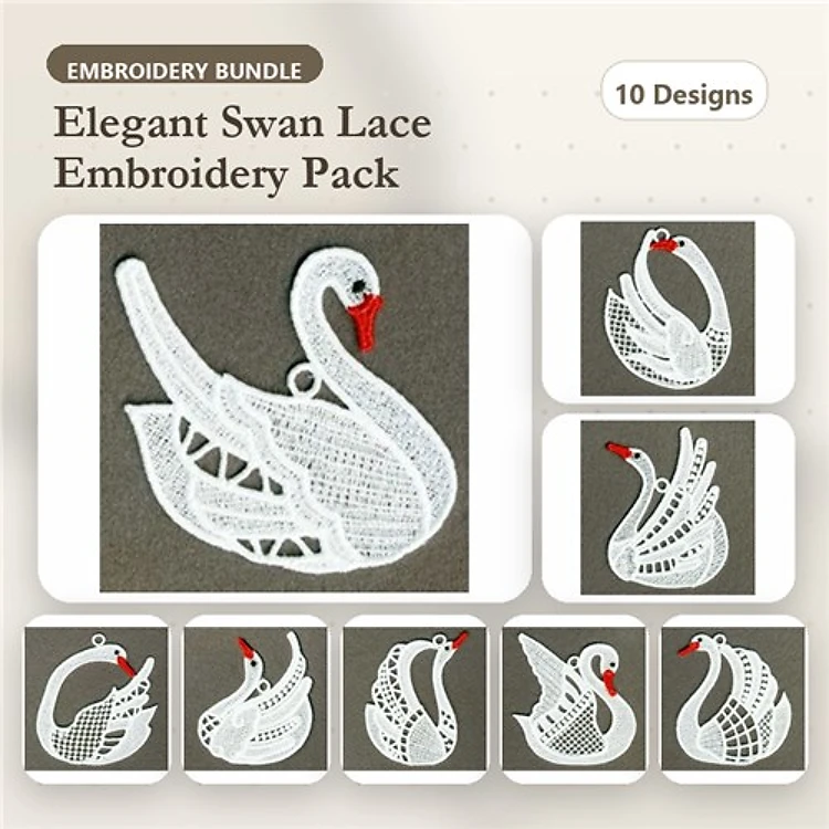 FSL Elegant Swan Embroidery Bundle – Swan Ornament, Graceful Swan, Swimming Swan & More (10 Designs)