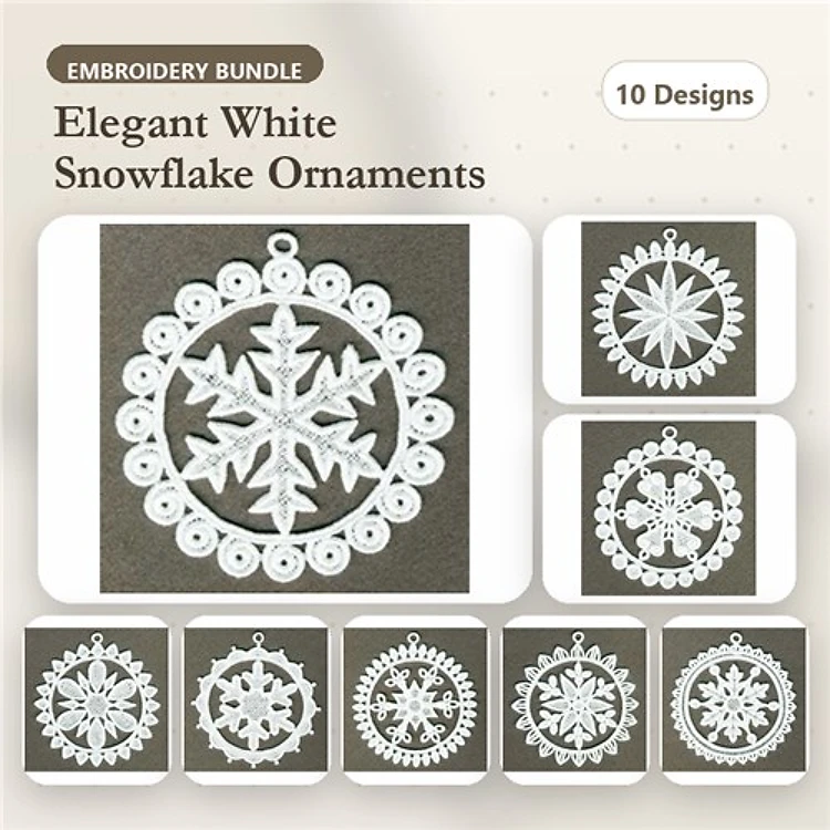 FSL Elegant White Snowflake Ornaments Embroidery Bundle – Intricate Lacework & More (10 Designs)