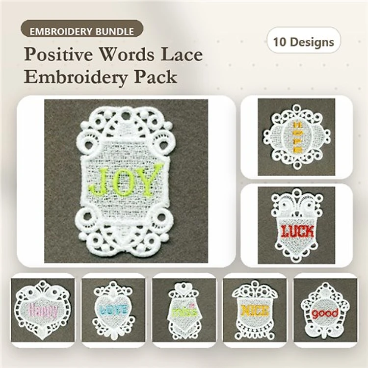 FSL Positive Words Embroidery Designs Bundle – Joy, Luck, Good, Happy & More (10 Designs)