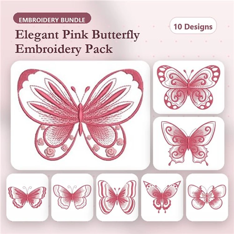 Redwork Pink Butterfly Embroidery Bundle – Elegant, Floral, Decorative & More (10 Designs)