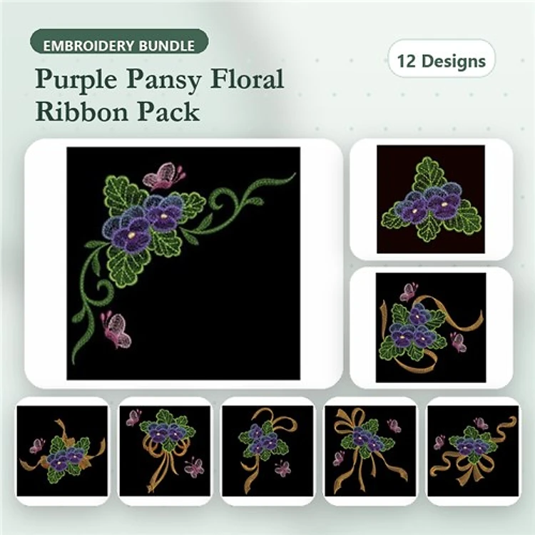Floral Embellishments Embroidery Designs Bundle – Purple Pansy Bouquet, Ribbon Bow & More (12 Designs)