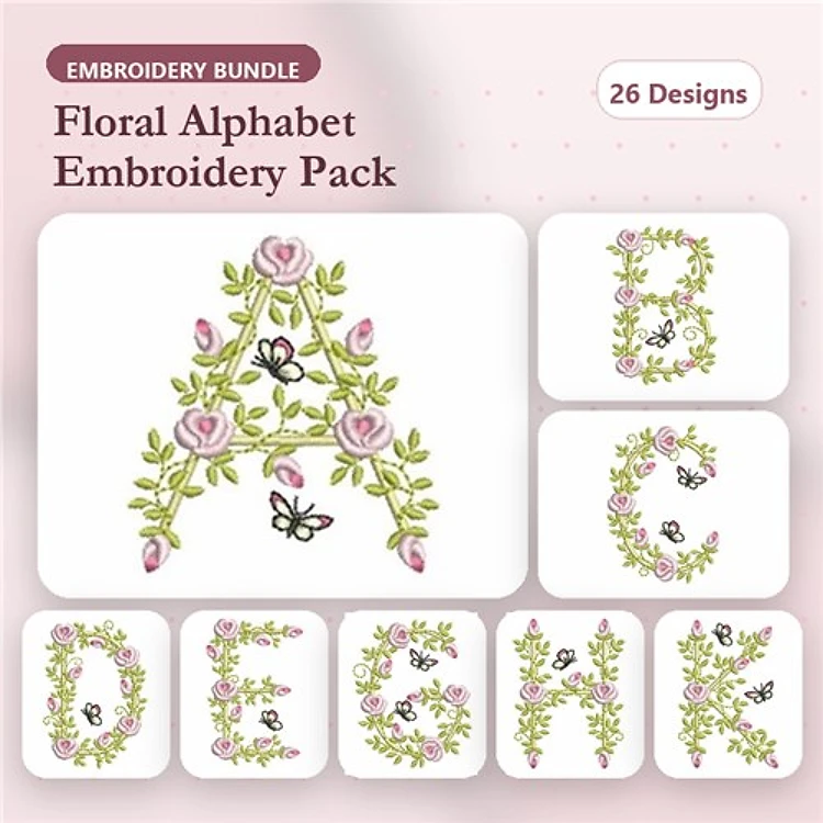 Floral Alphabet Embroidery Bundle – Floral Letter A, B, C, D & More (26 Designs)