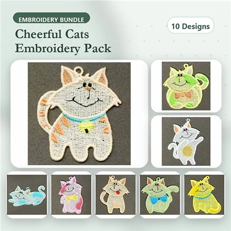 FSL Cheerful Cat Embroidery Designs Bundle – Yellow Cat, Green Cat, Smiling Cat & More (10 Designs)