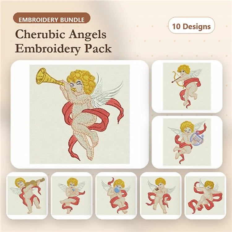 Cherubic Angels Embroidery Designs Bundle – Trumpet, Heart, Sword & More (10 Designs)