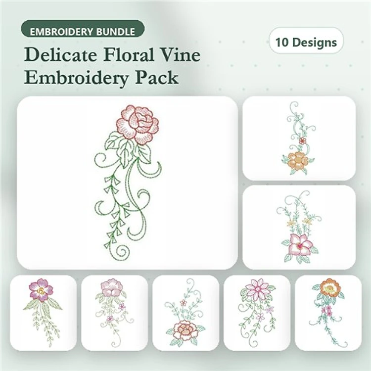 Delicate Floral Embroidery Designs Bundle – Rose Vine, Floral Cascade, Ornate Floral Vine & More (10 Designs)