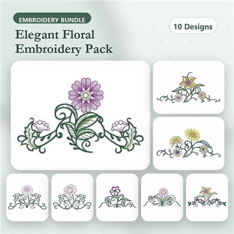 Elegant Floral Embroidery Designs Bundle – Floral Arrangement with Purple Flower, Single Bloom with Curved Vines & More (10 Designs)