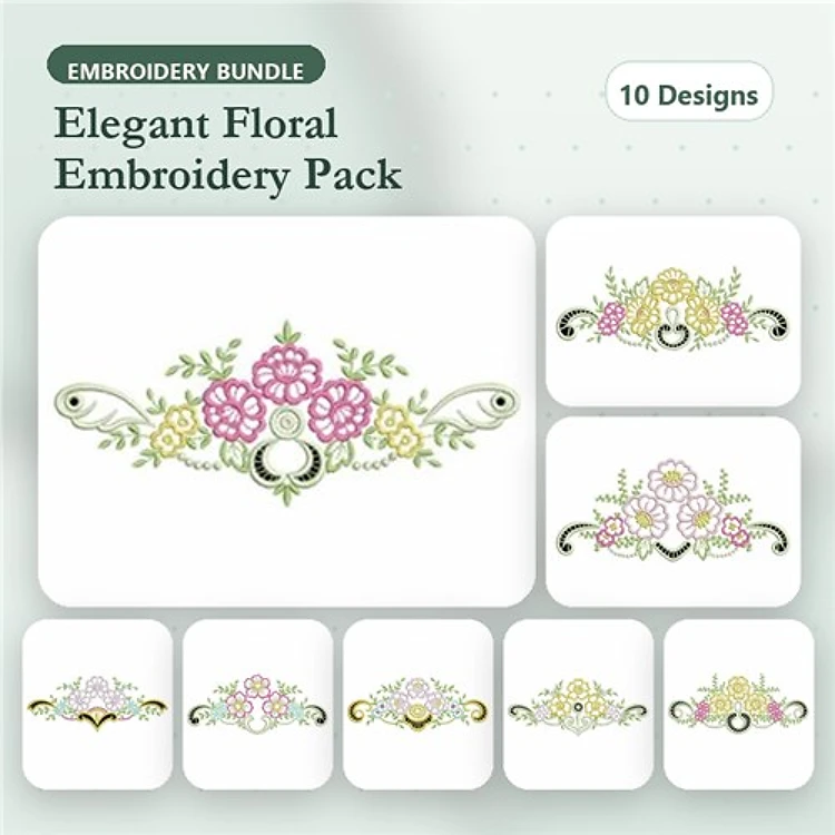 Elegant Floral Embroidery Bundle – Pink Roses, Yellow Flowers, Floral Centerpiece & More (10 Designs)