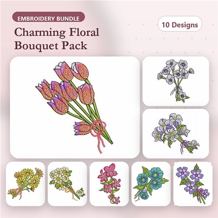 Floral Bouquet Embroidery Bundle – Tulip, Violet, Mixed Flower & More (10 Designs)