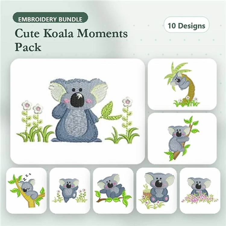 Koala Bears Embroidery Bundle – Koala with Leaf, Koala Sleeping, Koala on Tree & More (10 Designs)