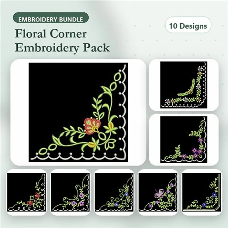 Floral Corner Embellishment Embroidery Bundle – Orange, Purple, Yellow Flowers & More (10 Designs)