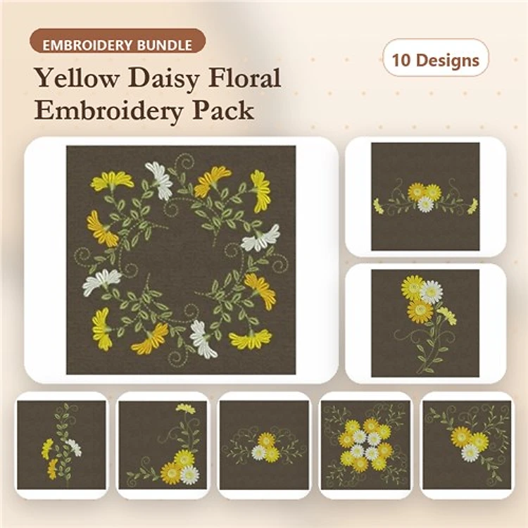 Floral Embroidery Designs Bundle – Yellow Daisy Wreath, White Daisy Bouquet, Floral Circle Design & More (10 Designs)