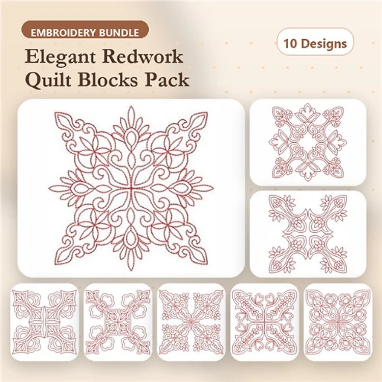 Redwork Elegant Quilt Block Embroidery Bundle – Ornate & Intricate Lattice Blocks (10 Designs)
