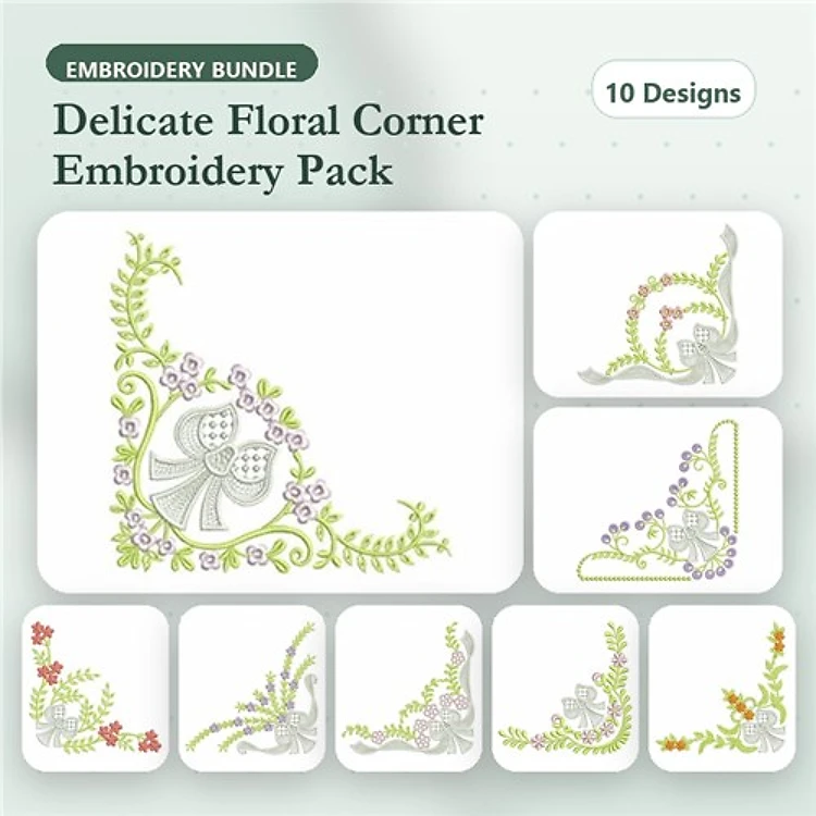 Floral Corner Embellishments Embroidery Designs Bundle – Delicate Floral Corner, Chic Floral Corner & More (10 Designs)