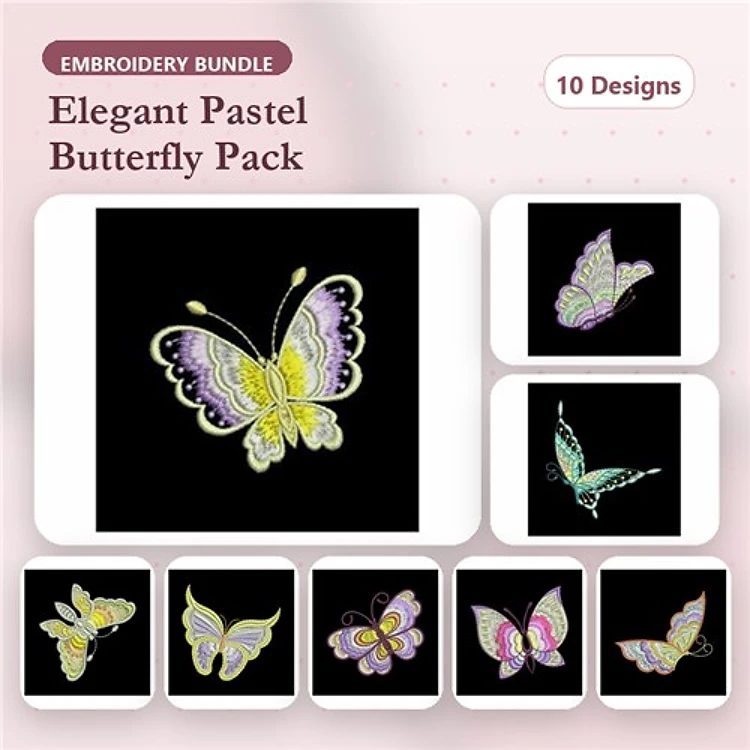 Butterfly Embroidery Bundle – Elegant Butterfly, Pastel Blue Butterfly, Pink and Purple & More (10 Designs)