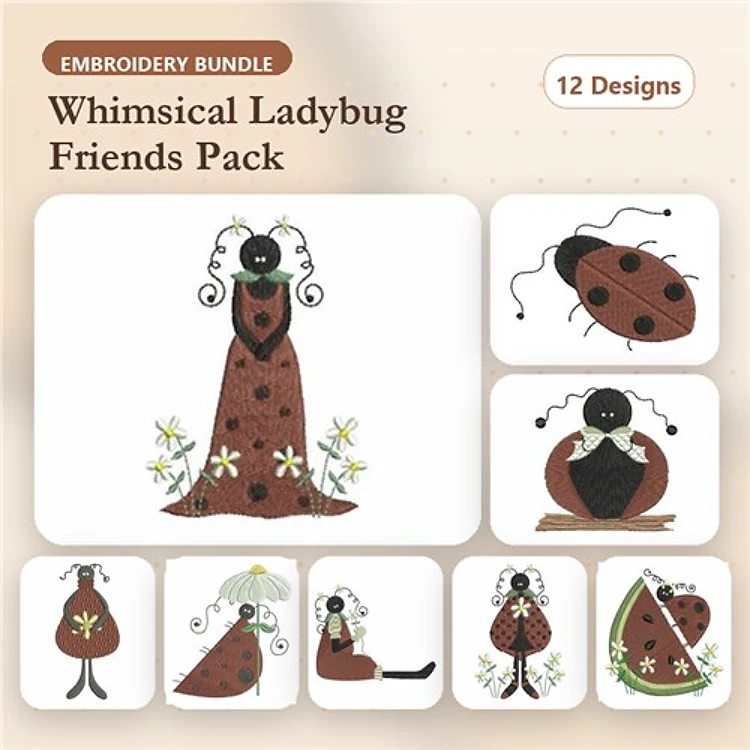 Ladybug Embroidery Designs Bundle – Ladybug Girl, Ladybug with Flowers, Ladybug in Dress & More (12 Designs)