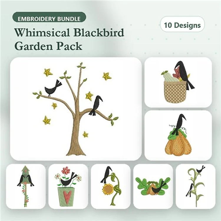 Garden Blackbird Embroidery Designs Bundle – Blackbird on Tree, Blackbird in Basket, Lizard on Pot & More (10 Designs)