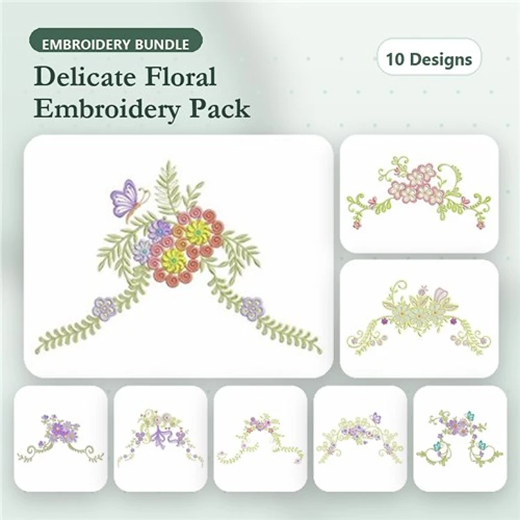 Floral Embroidery Bundle – Floral Arch with Butterfly, Vine Floral Design, & More (10 Designs)