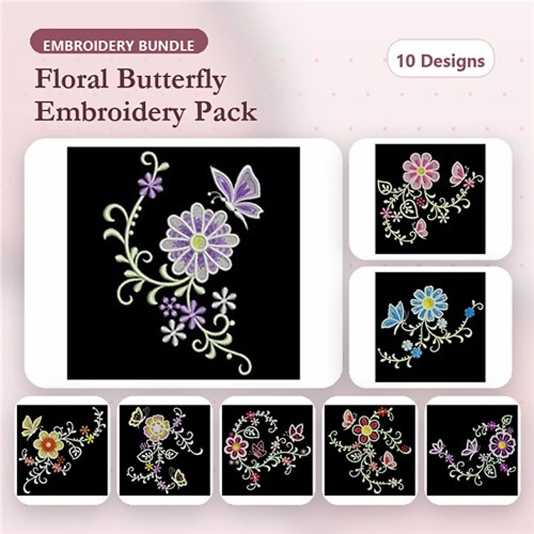 Floral Butterfly Embroidery Bundle – Floral Butterfly with Purple Flower, Colorful Floral Arrangement & More (10 Designs)