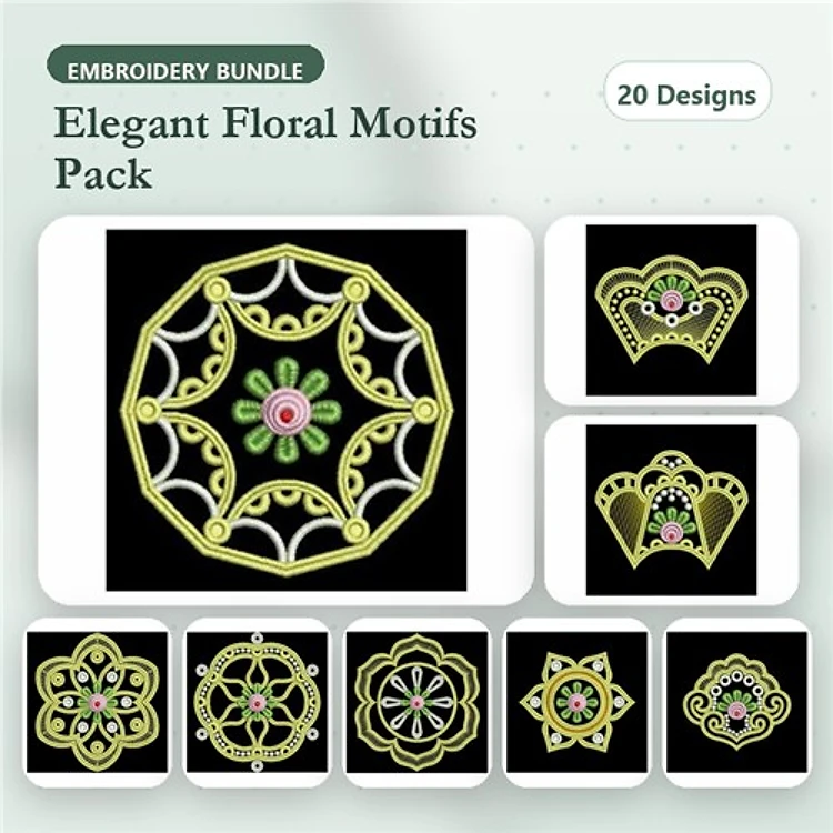 FSL Elegant Floral Lace Embroidery Bundle – Floral Lace Circle, Heart, Diamond & More (20 Designs)