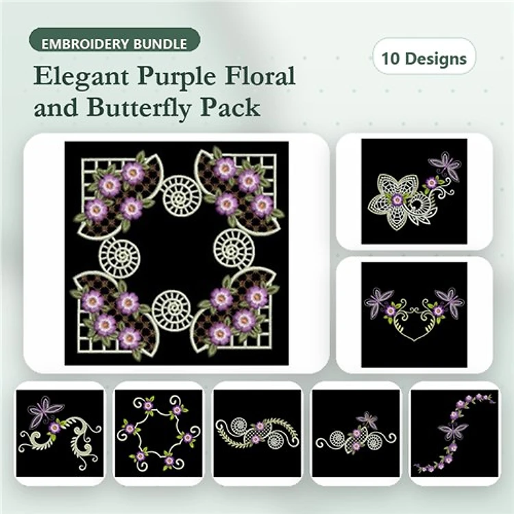 Elegant Floral & Butterfly Embroidery Designs Bundle – Floral Wreath, Butterfly, Floral Lace & More (10 Designs)