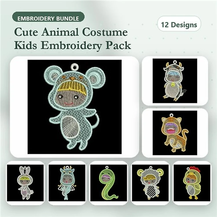 Cute Animal Costume Kids Embroidery Bundle – Adorable Designs (12 Designs)
