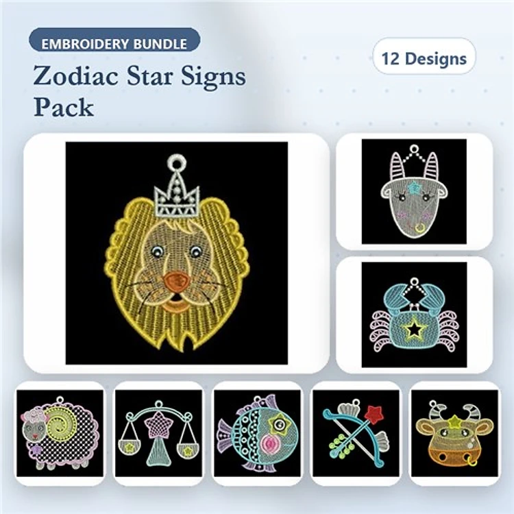 FSL Zodiac Star Signs Embroidery Bundle – Lion, Capricorn, Cancer, Libra & More (12 Designs)