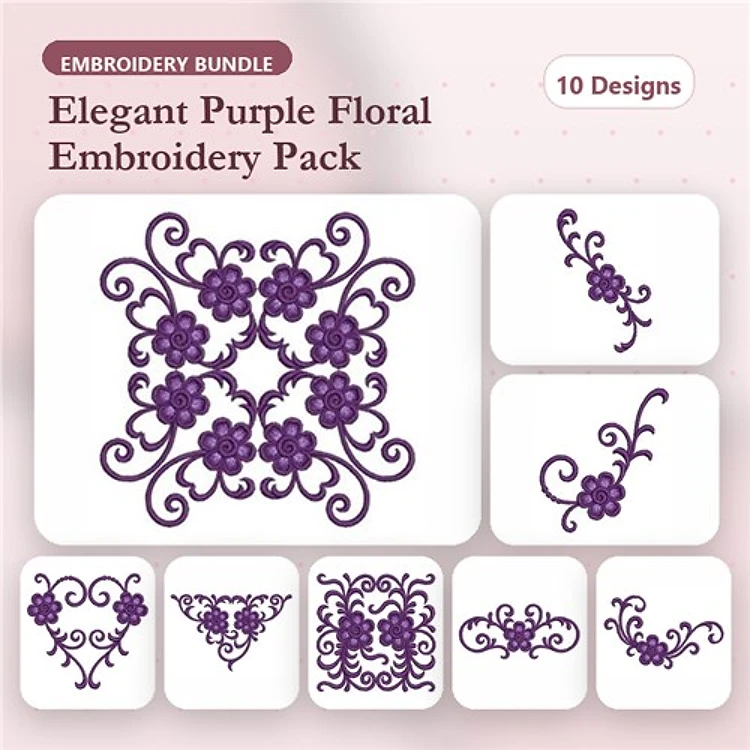 Elegant Floral Embroidery Bundle – Floral Corner Embellishment, Floral Border Embellishment, Large Floral Cluster & More (10 Designs)