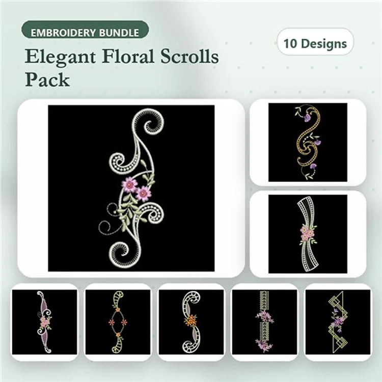 Elegant Floral Scrolls Embroidery Bundle – Floral Scroll with Pink Flowers, Ornate Floral Scroll, & More (10 Designs)