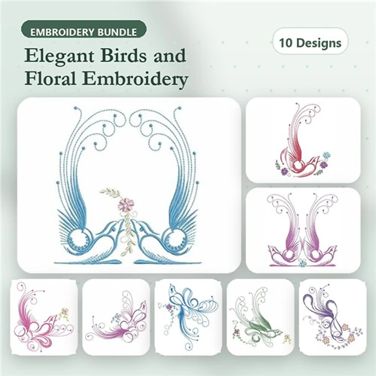 Elegant Birds & Floral Embroidery Designs Bundle – Elegant Bird with Swirls, Floral Arrangement, Colorful Bird Design 1 & More (10 Designs)