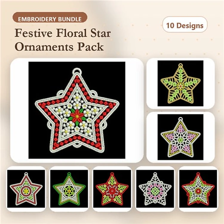 FSL Floral Star Ornaments Embroidery Designs Bundle – Vibrant Lace Ornaments for Holiday Decor (10 Designs)