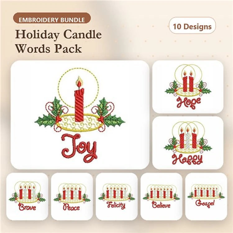 Holiday Candle Embroidery Designs Bundle – Joy, Hope, Peace & More (10 Designs)