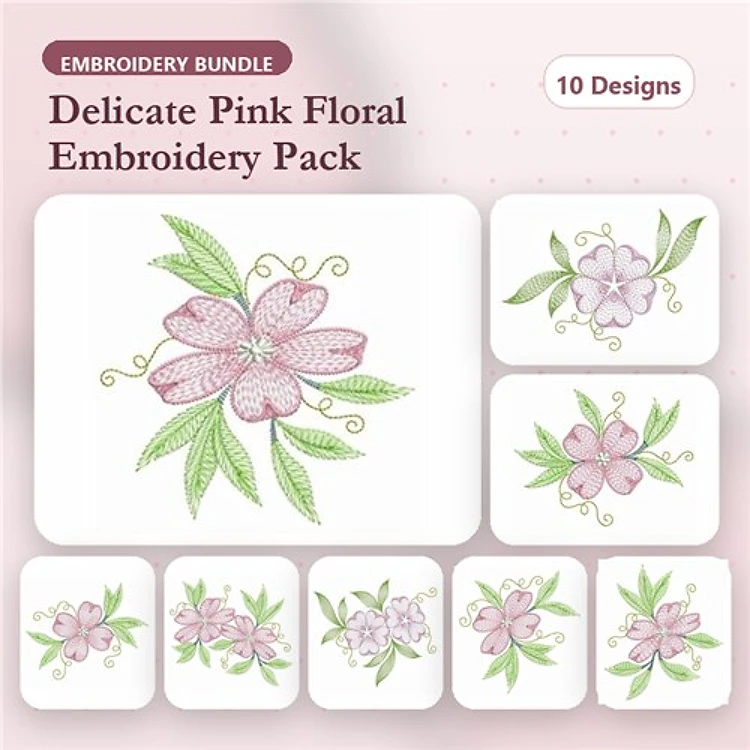 Floral Embroidery Bundle – Delicate Pink Flower 1, Pink Flower with Leaves & More (10 Designs)
