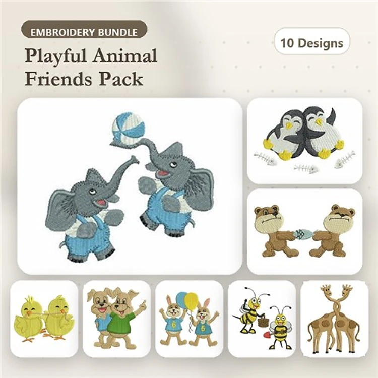 Playful Animal Friends Embroidery Bundle – Fun Designs (10 Designs)