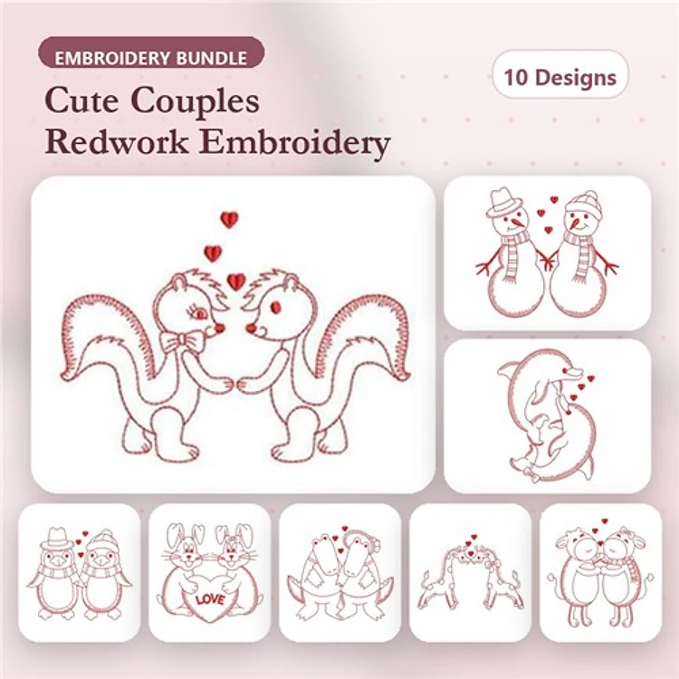 Squirrel & Snowman Couple Embroidery Bundle – Cute Redwork Designs (10 Designs)