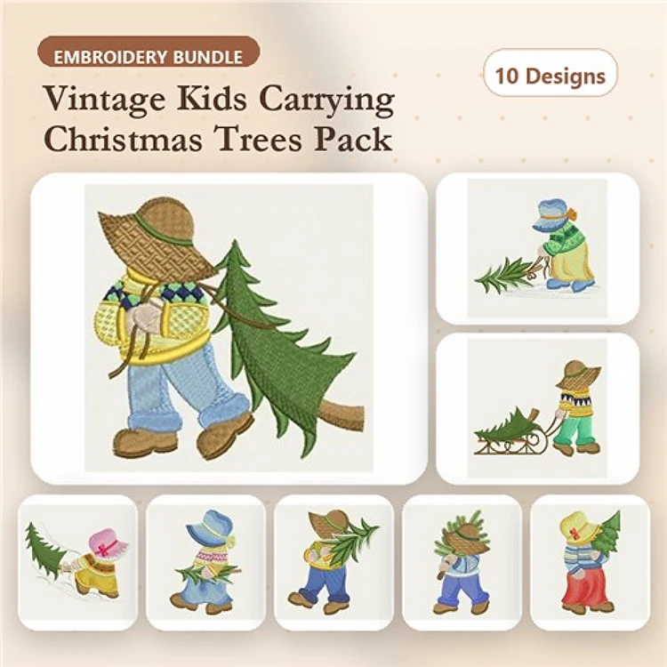 Children Carrying Christmas Trees Embroidery Designs Bundle – Child with Christmas Tree, Girl in Yellow, Boy in Straw Hat & More (10 Designs)