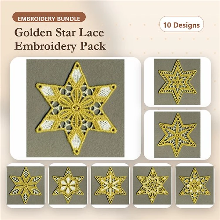 FSL Golden Star Embroidery Designs Bundle – Intricate Lace Stars for Holiday Decor (10 Designs)