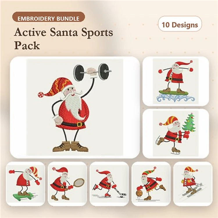 Active Santa Sports Embroidery Designs Bundle – Weightlifting, Snowboarding, Skating & More (10 Designs)