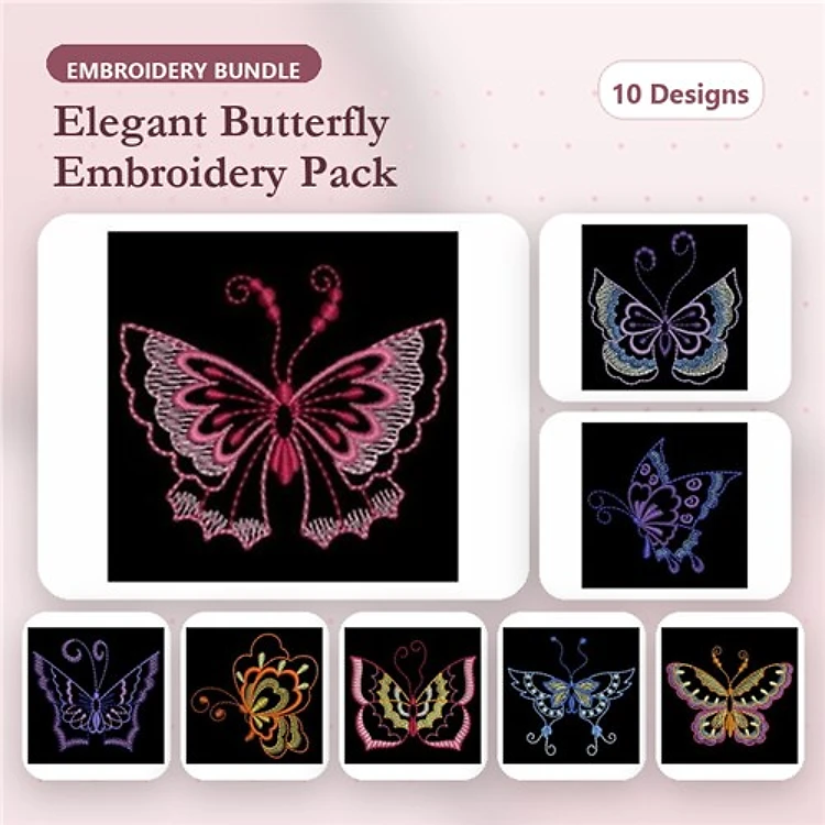 Elegant Butterfly Embroidery Bundle – Large Pink, Blue Butterfly with Patterns, Purple Winged & More (10 Designs)