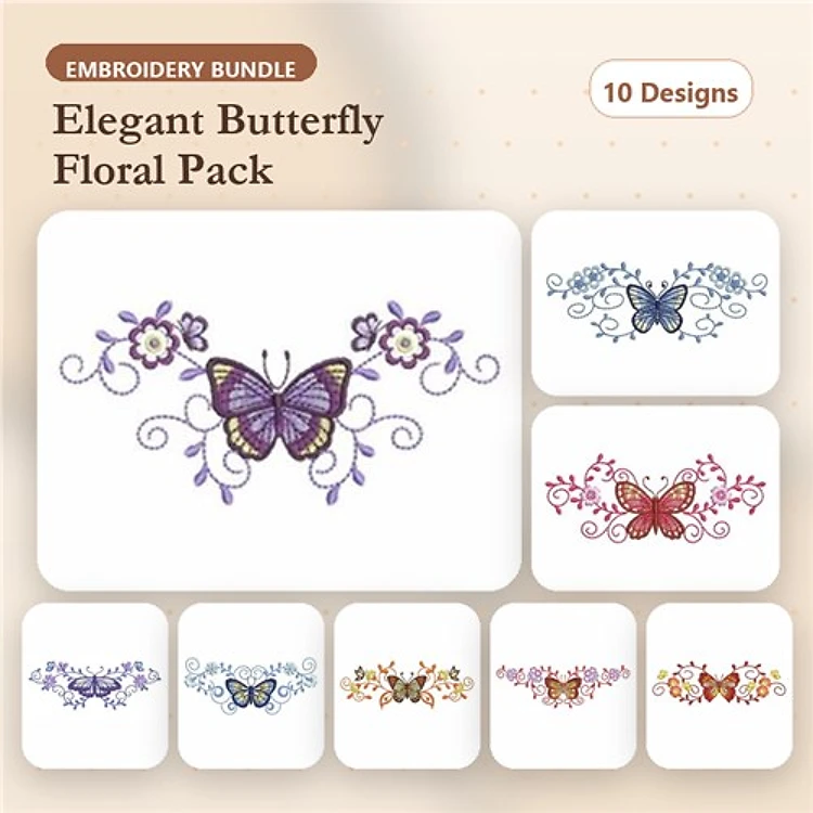 Butterflies & Floral Embellishments Embroidery Designs Bundle – Purple, Blue Floral Swirls, Elegant Vine & More (10 Designs)