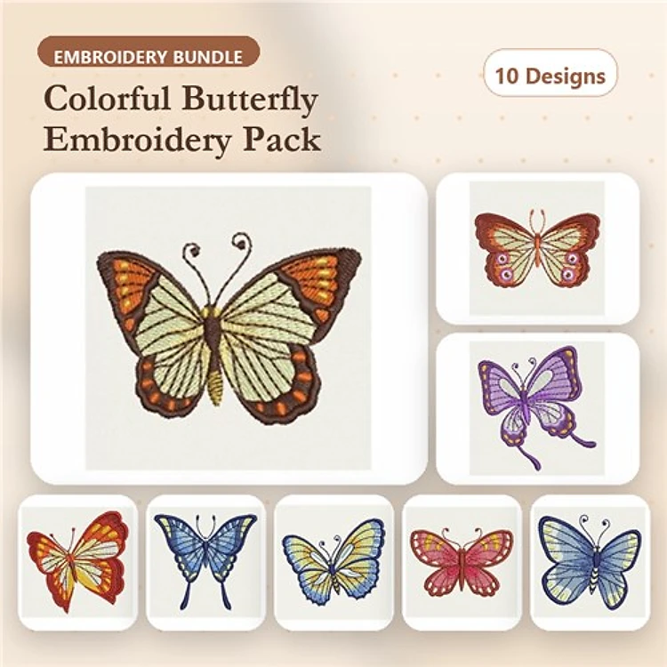 Colorful Butterfly Embroidery Designs Bundle – Orange, Purple, Blue, Pink & More (10 Designs)