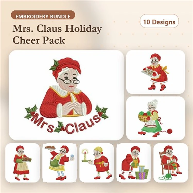 Mrs. Claus Holiday Embroidery Designs Bundle – Mrs. Claus with Gift, Cookies, Lantern & More (10 Designs)