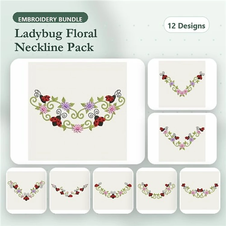 Ladybug Floral Neckline Embroidery Bundle – Charming Ladybug Accents & Floral Embellishments (12 Designs)