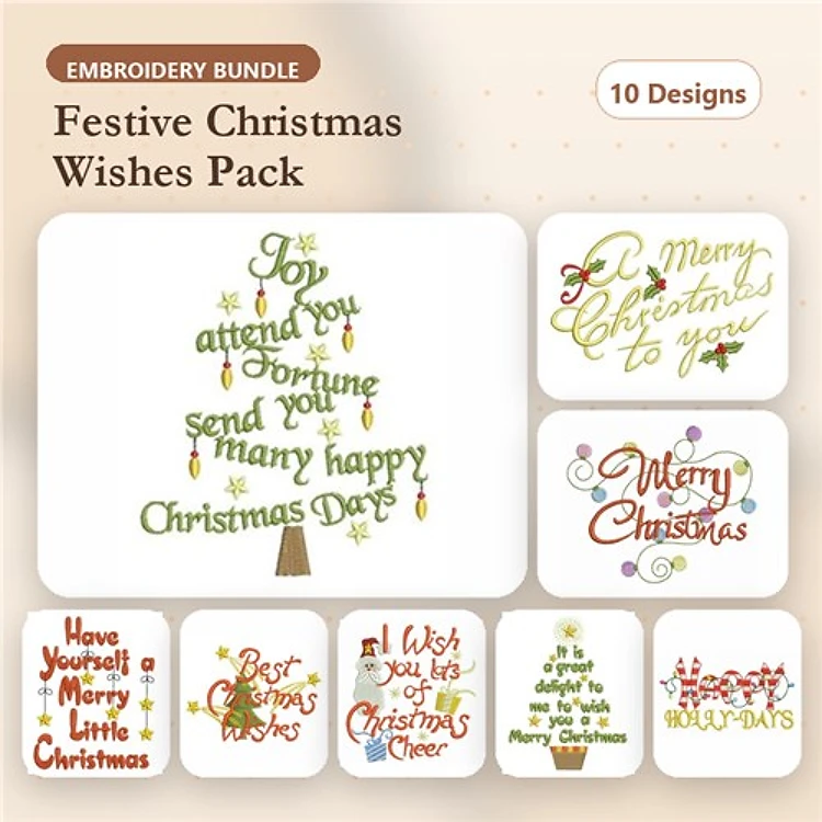 Christmas Wishes Embroidery Bundle – Merry Christmas Wishes, Christmas Tree Wishes, & More (10 Designs)