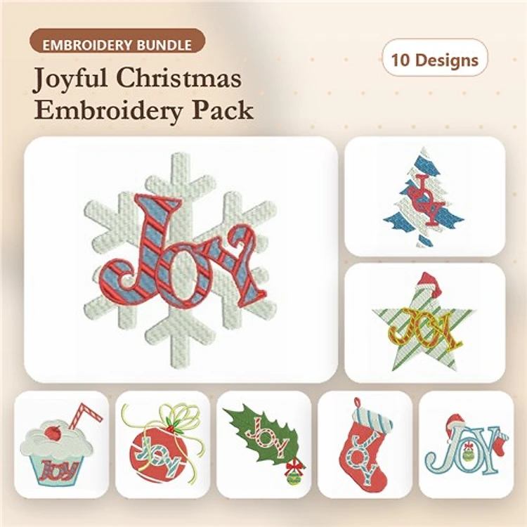 Joyful Christmas Embroidery Designs Bundle – Snowflake, Santa Claus, Christmas Tree & More (10 Designs)