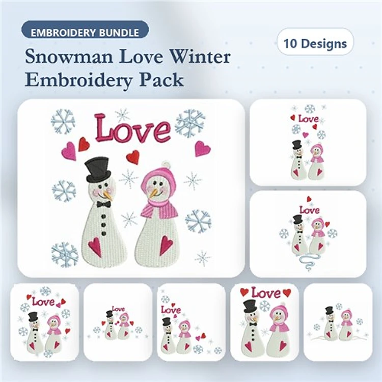 Snowman Love Embroidery Designs Bundle – Snowman Couple, Heart Snowman, Snowman with Hearts & More (10 Designs)