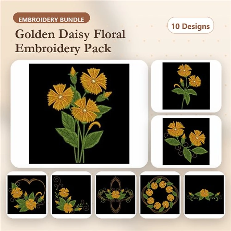 Golden Daisy Floral Embroidery Bundle – Bouquet, Single Daisy, Decorative Flourish & More (10 Designs)