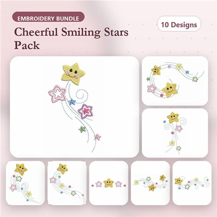 Cheerful Smiling Stars Embroidery Designs Bundle – Smiling Star with Swirls, Three Smiling Stars, Pink Star with Flowers & More (10 Designs)