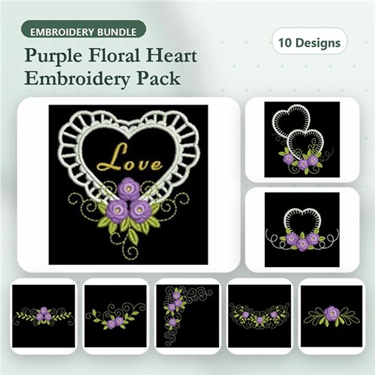 Floral Heart Embroidery Designs Bundle – Heart with Love and Roses, Floral Wreath, Ornate Floral Heart & More (10 Designs)