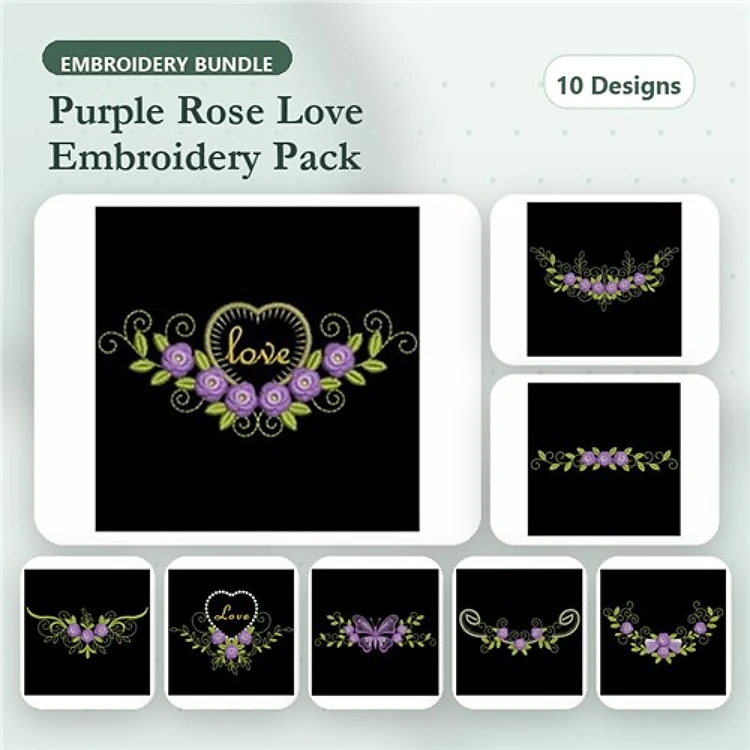 Purple Rose Love Embroidery Designs Bundle – Floral Love Heart, Rose Bouquet with Love, Rose Border & More (10 Designs)