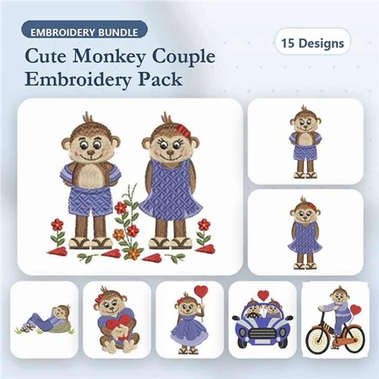 Cute Monkey Couple Embroidery Designs Bundle – Monkey Couple with Flowers, Monkey on Bicycle & More (15 Designs)